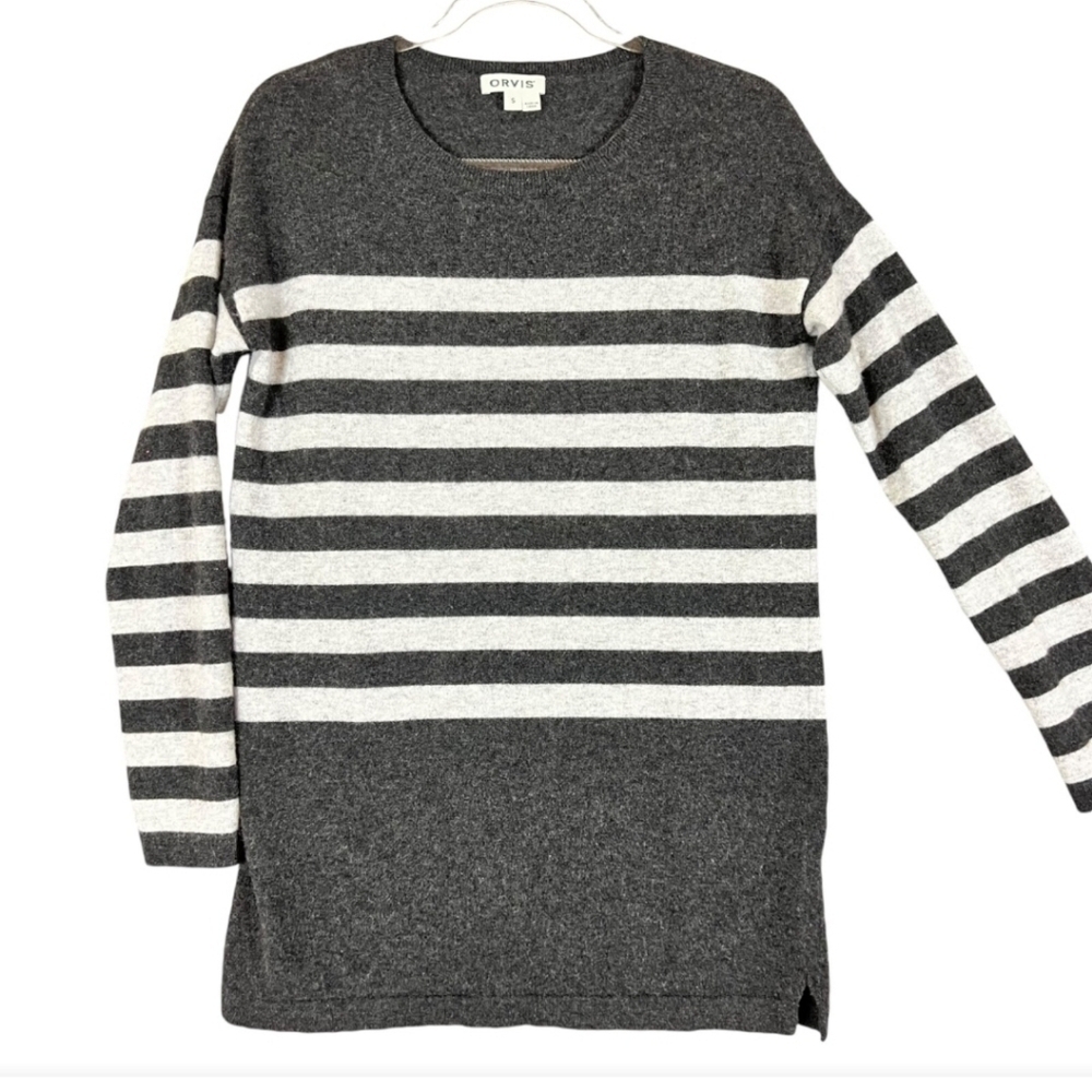 Orvis Women 100% Cashmere Crew Neck Sweater Tunic Size L Gray Striped Soft Comfy - Picture 9 of 10